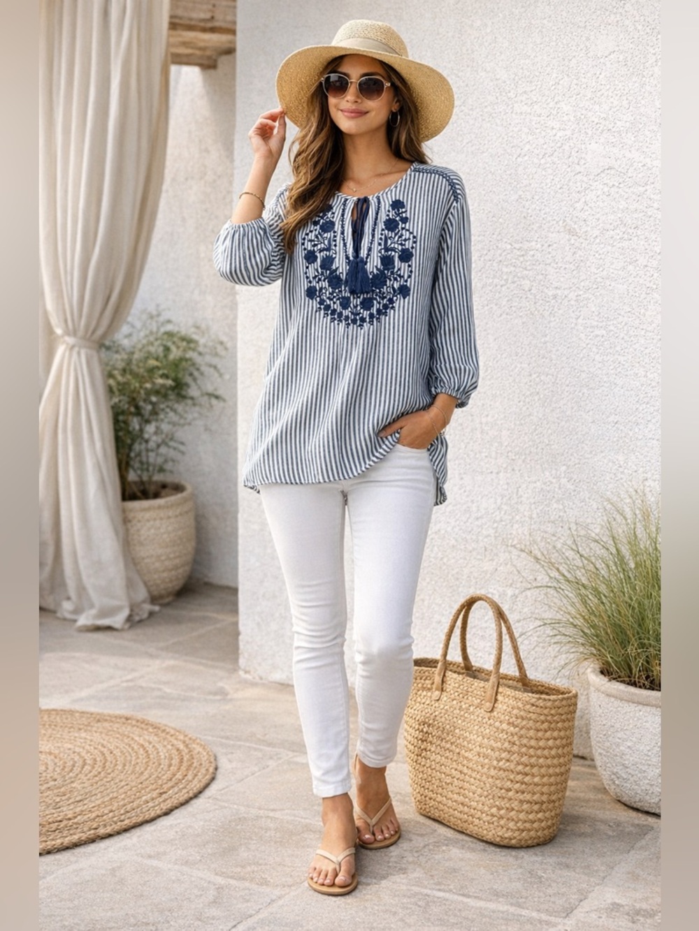 Old Navy Striped Embroidered Tunic Top Blue White Boho Peasant Tassel Size Lrg